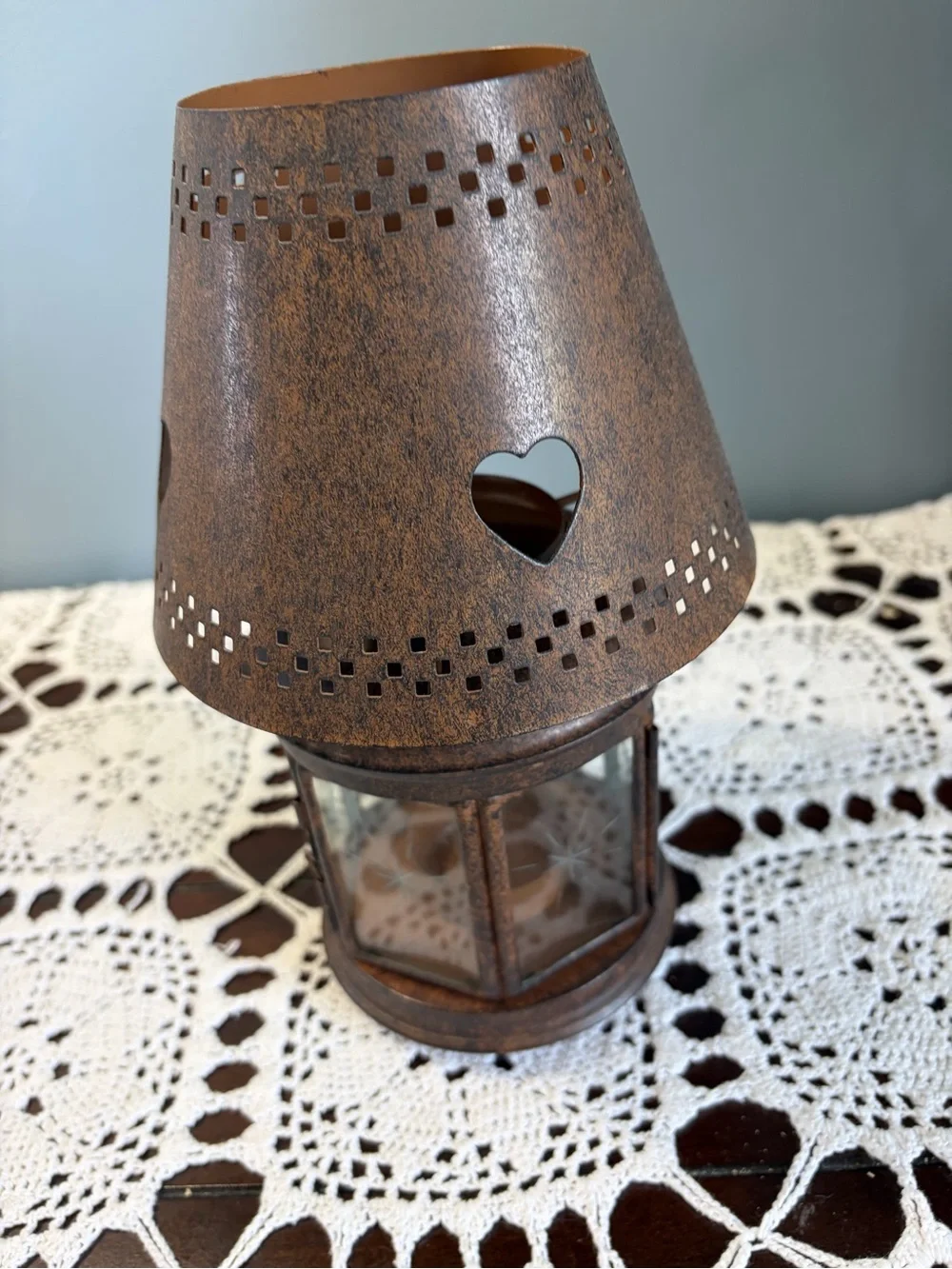 Rust-Tone Heart Cutout Hurricane Style Hinged Glass Table Lantern Candle Holder